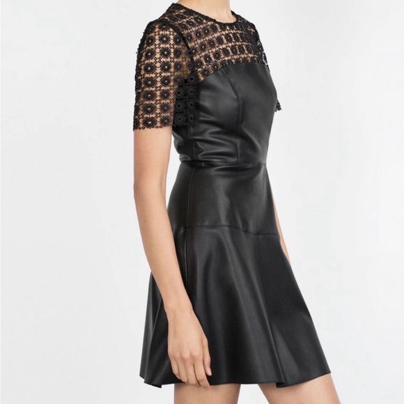 Zara Dresses & Skirts - Zara Black Faux Leather Mini Dress with Lace Yoke. Sz 6